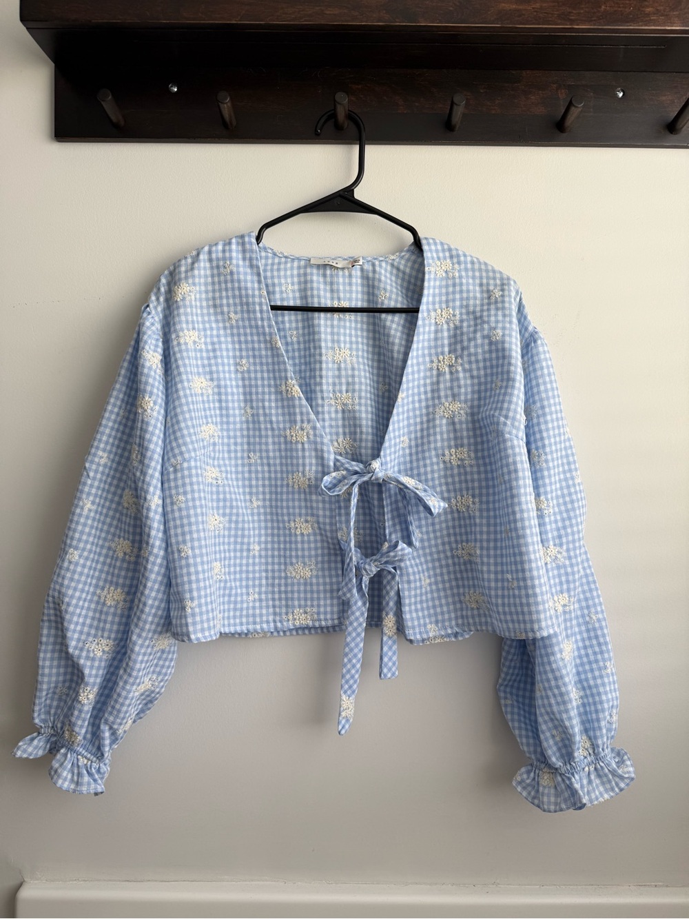 Lush Light Blue Gingham Tie-Front Crop Blouse with White Floral Embroidery